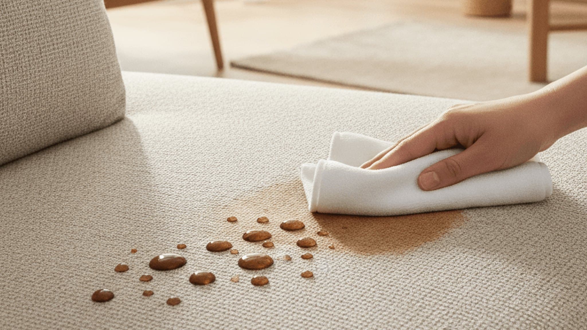 A cloth wiping a coffee spill off a beige easy-clean fabric sofa, with droplets beading on the surface