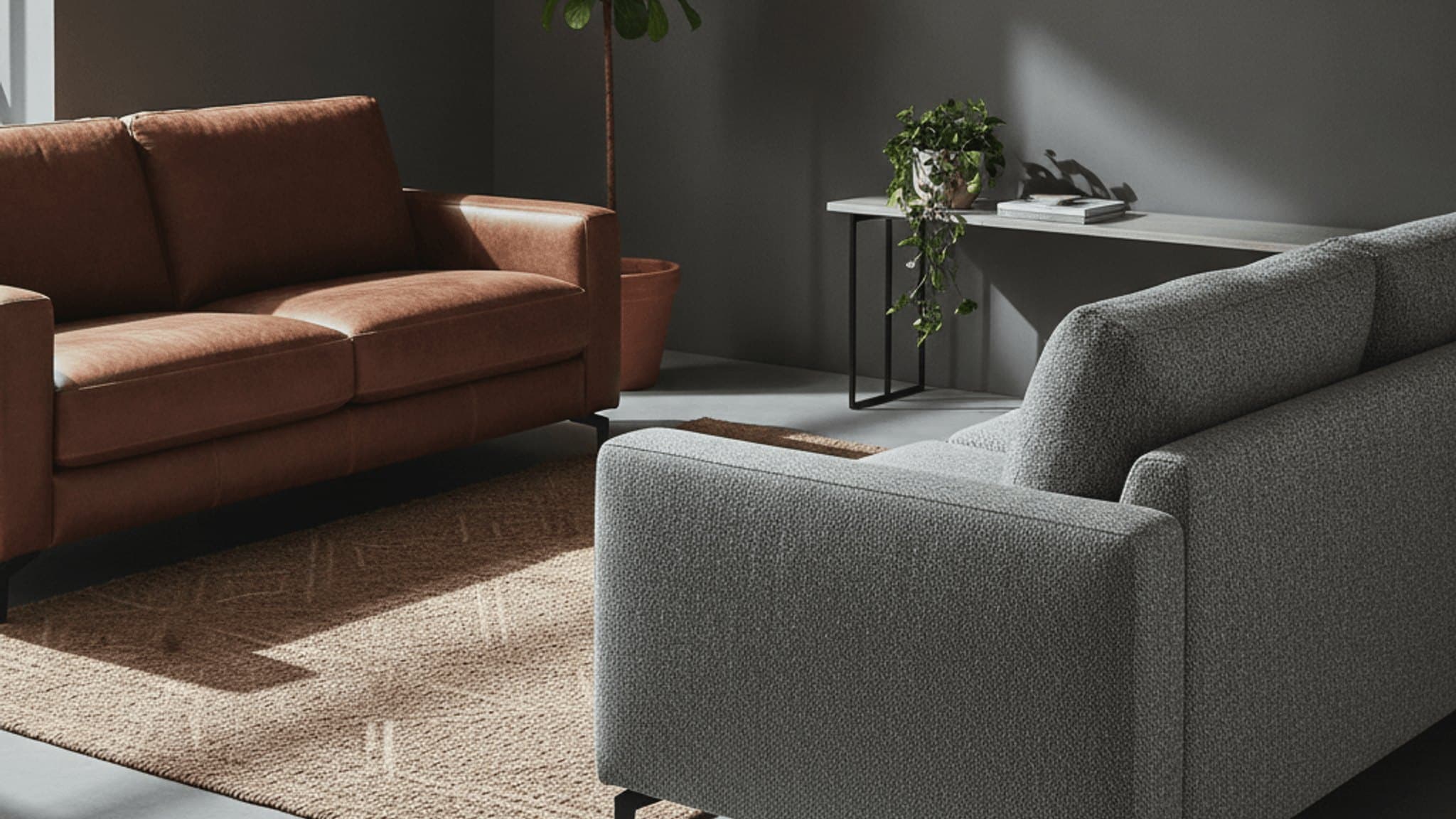 A cognac leather sofa beside a grey fabric sofa in a modern living room