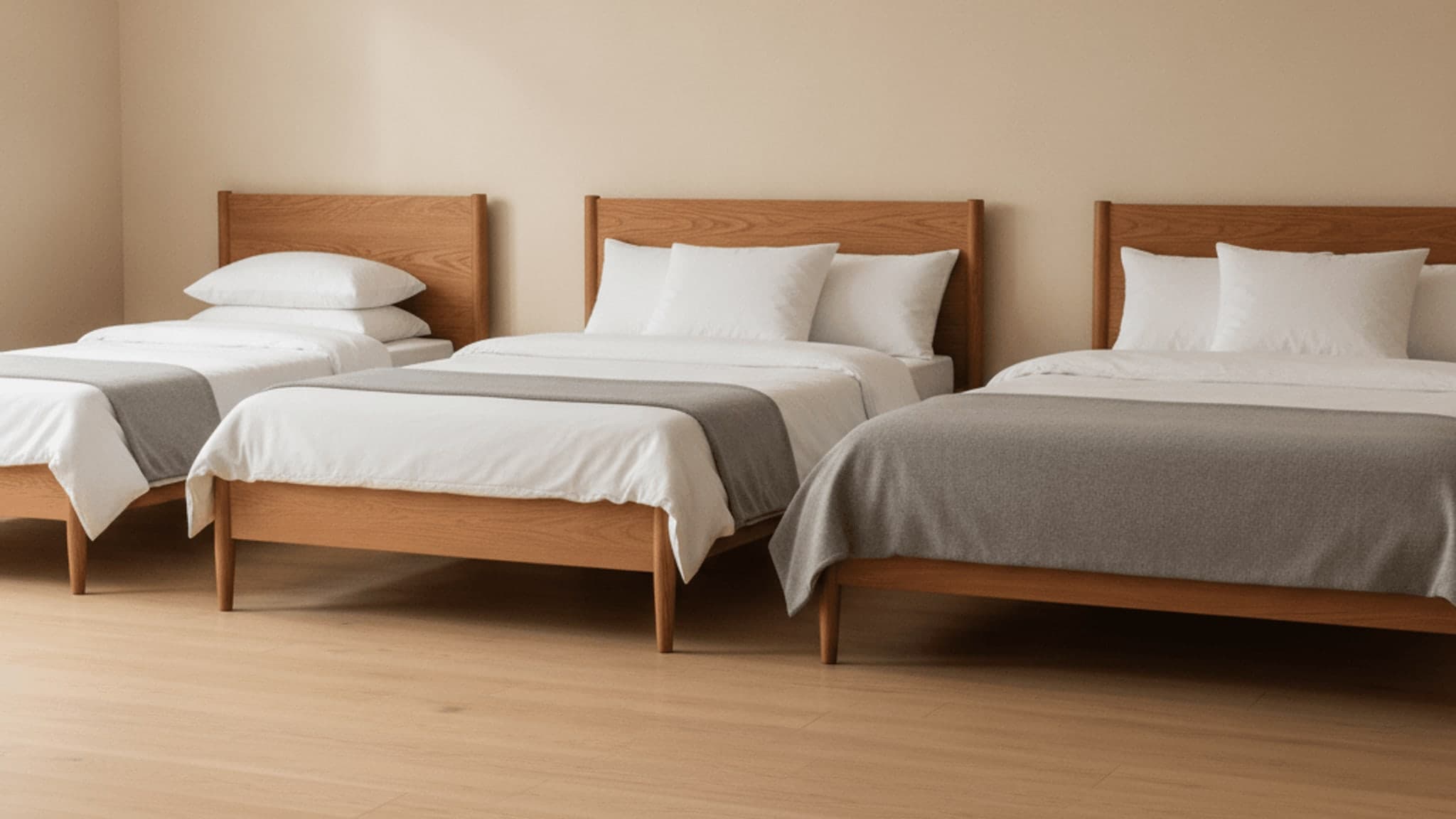 A single, queen and king bed lined up side by side in a showroom, showing the difference in mattress widths