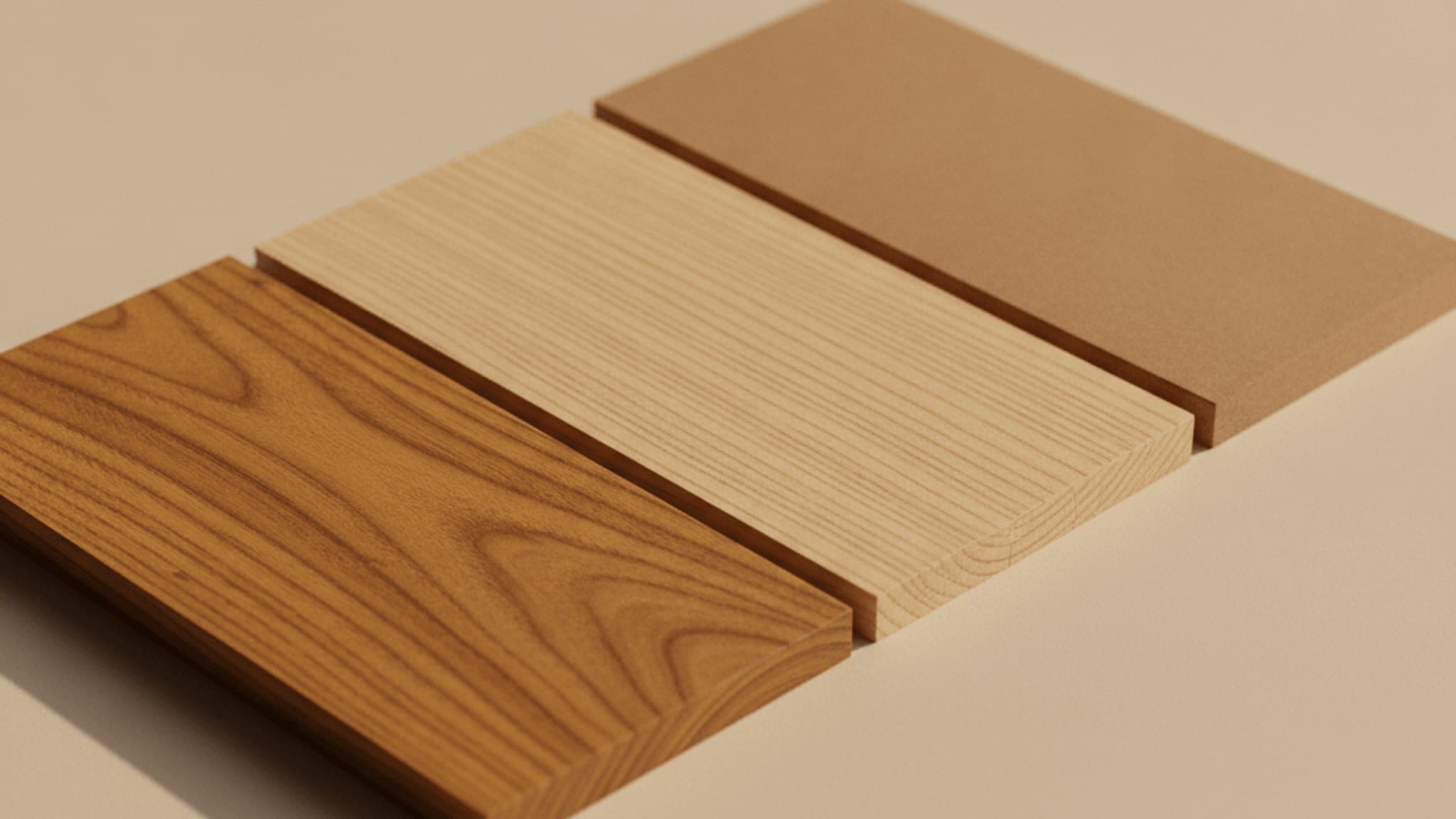 Teak, rubberwood and MDF wood samples laid side by side for comparison