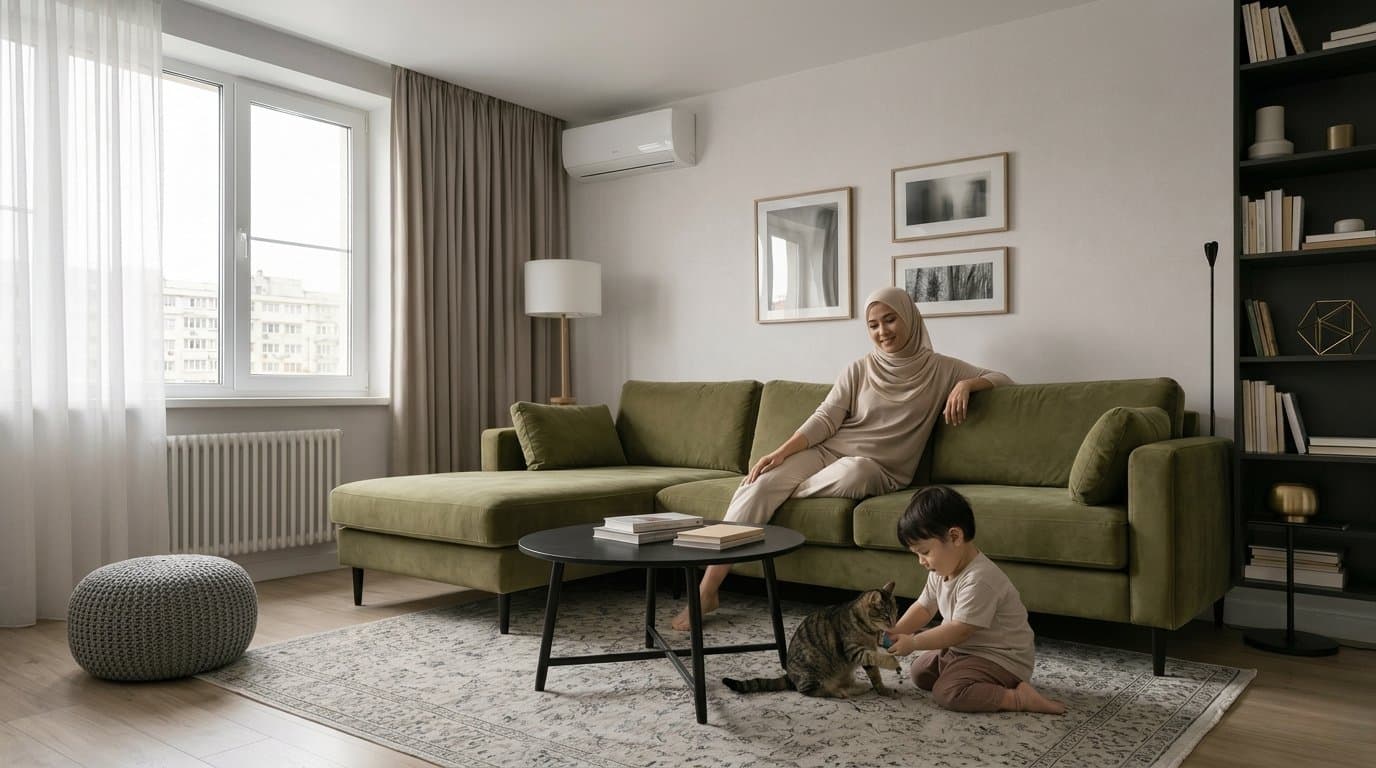 Modern living room interior with natural light and luxe finishes