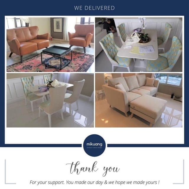 Mi Kuang "We Delivered" post — furniture delivered and set up in a customer's home