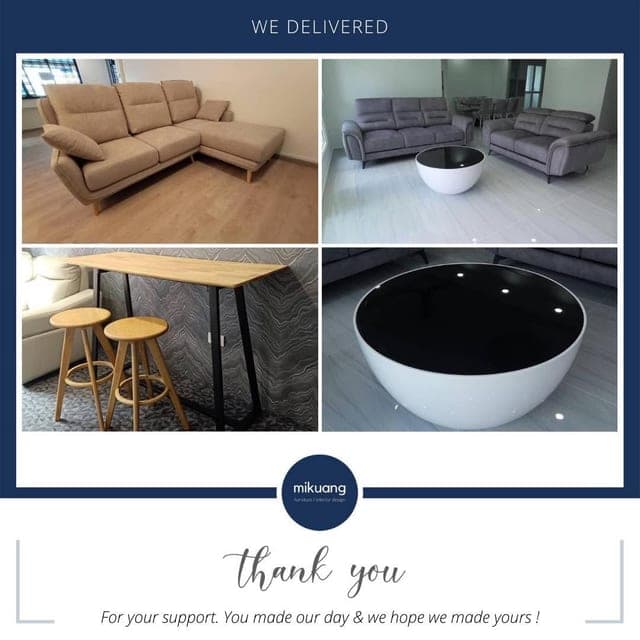 Mi Kuang "We Delivered" post — furniture delivered and set up in a customer's home
