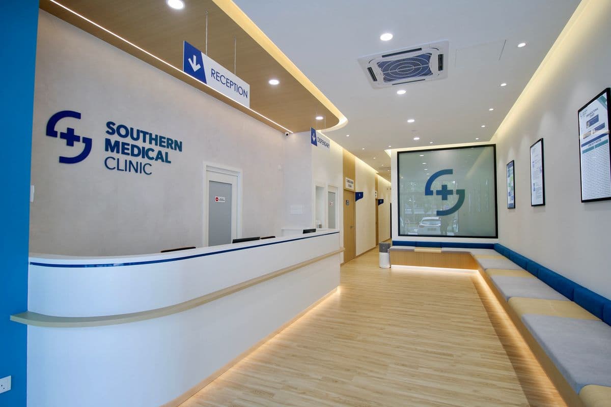 Clinic reception with clean lines and bright professional lighting